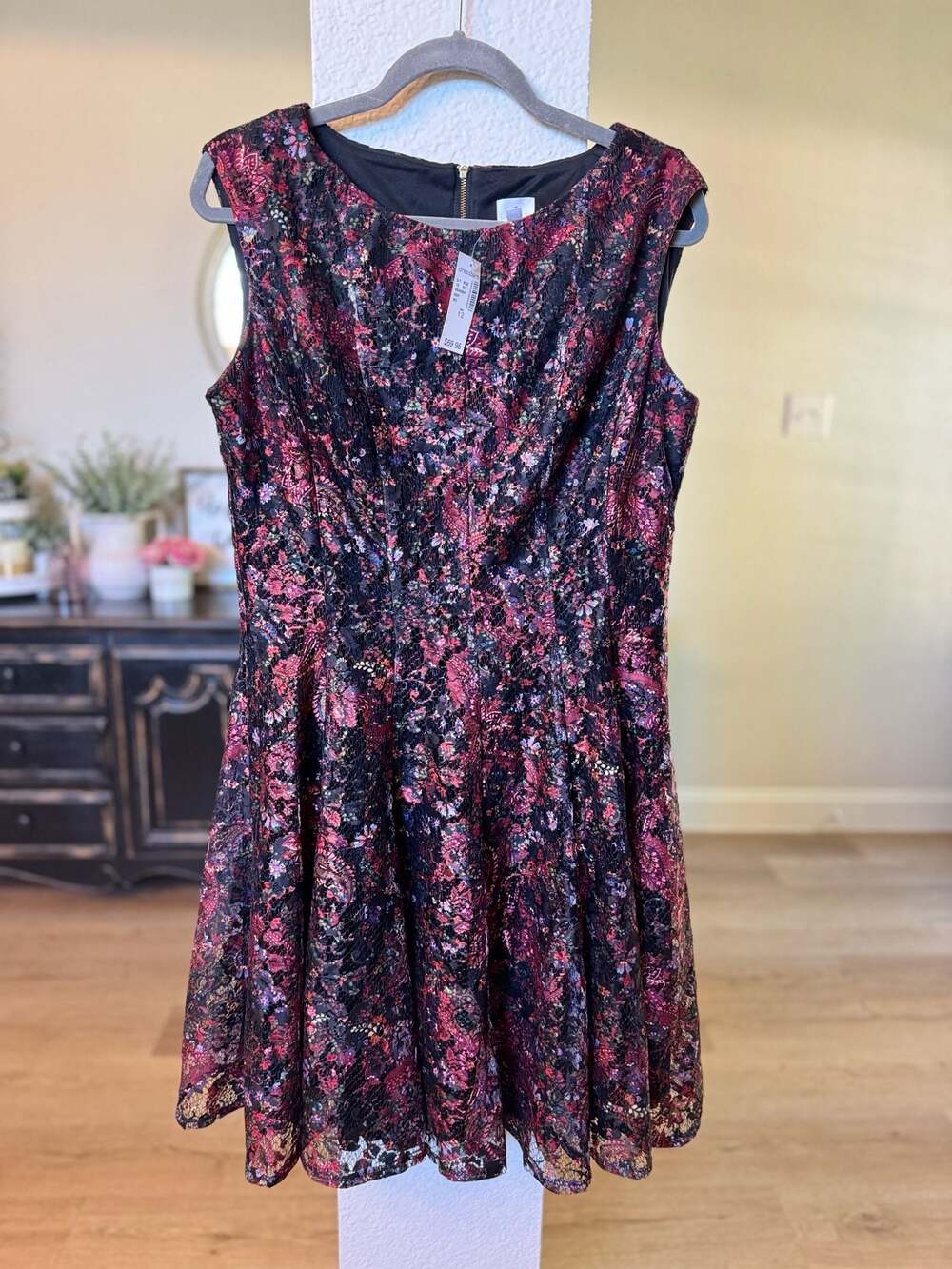 Dressbarn Floral Lace Sleeveless A-Line Midi Dress Black Red Size 12 - Picture 1 of 8